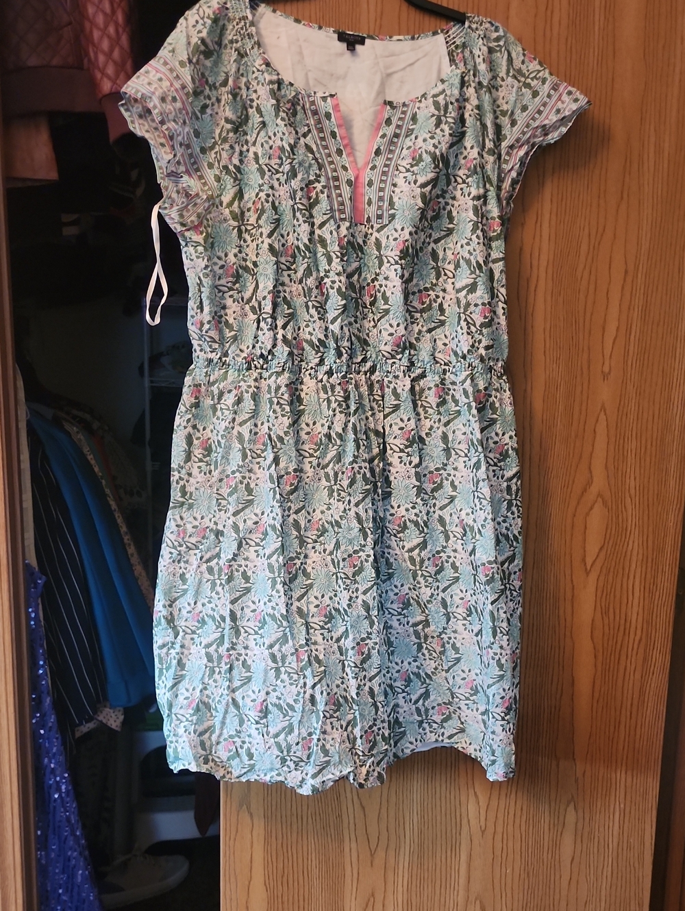 Talbots Light Blue Floral Drawstring Casual Dress with Pink Accents